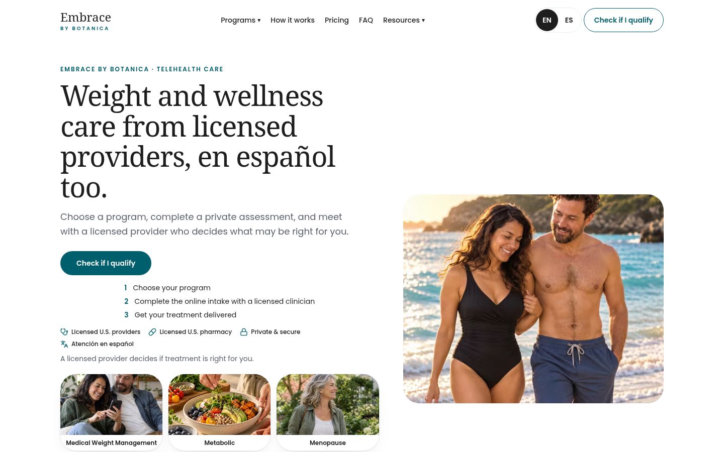 Embrace by Botanica telehealth website homepage