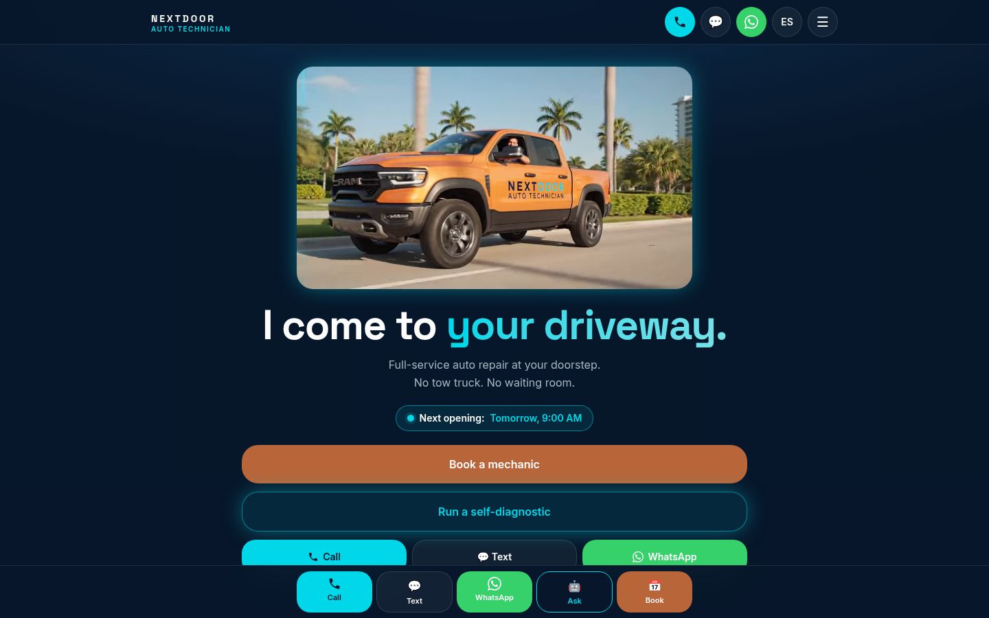 Next Door AT mobile mechanic website homepage